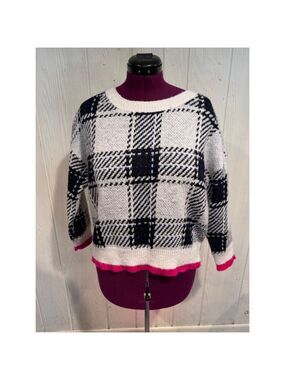 Aqua Plaid Sweater Relaxed Boxy White Black Blue Medium